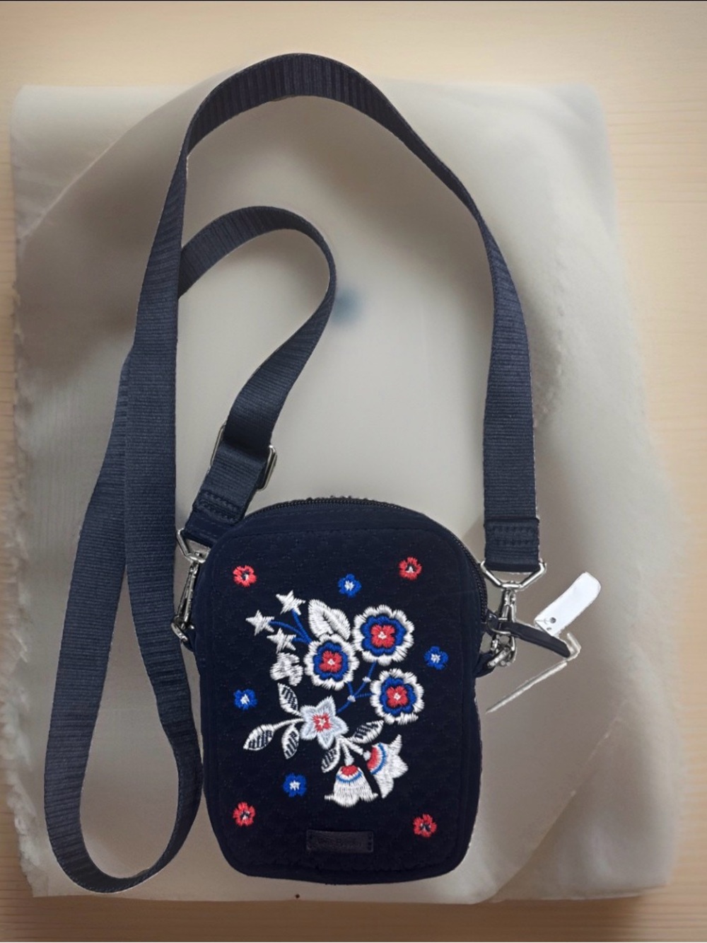Vera Bradley Navy Quilted Crossbody Bag – Embroidered Floral Design Small Multi